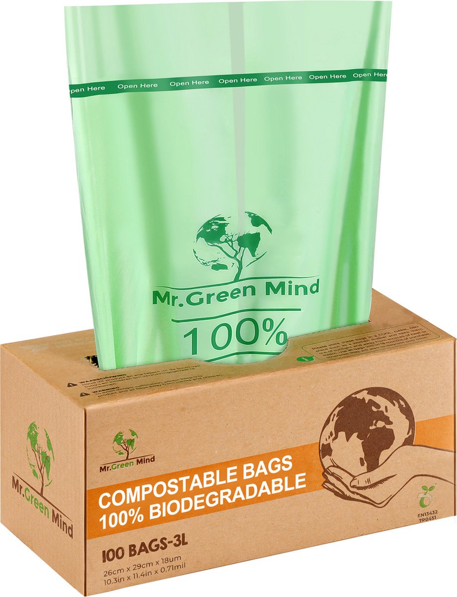 Biozakken 2/3 liter 100 stuks biologisch afbreekbare afvalzakken – 28 x 29 cm – 100% composteerbare vuilniszakken – Incl. dispenser – gft afvalzakken - Afbeelding 2